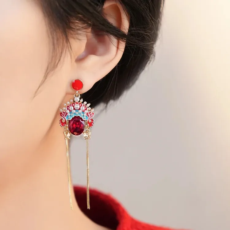 铜合金耳饰 中国风脸谱耳环女轻奢气质流苏民族风耳线耳饰2024款 