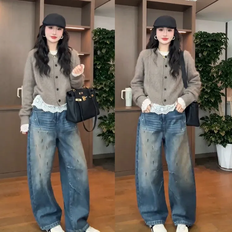 早春氛围感穿搭2026新款时尚洋气减龄打底衫针织开衫牛仔裤三件套