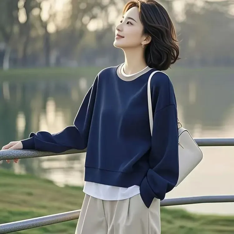 欧棉新款圆领卫衣女宽松韩版秋冬季加厚假两件无帽长袖百搭上衣女