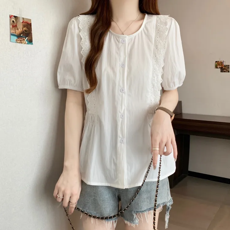 大码胖mm宽松巨显瘦遮肚子衬衫女夏季蕾丝花边收腰遮肚短袖娃娃衫