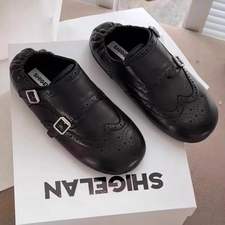 诗歌兰女鞋2025早秋新款真皮胖头鱼单鞋真皮羊皮布洛克皮鞋3335