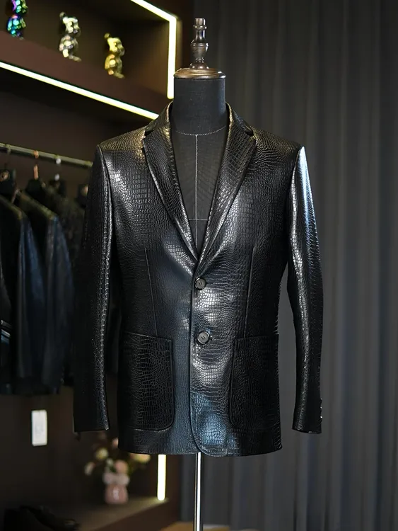 LANDI二代鳄鱼纹真皮西装男士皮衣绵羊皮修身休闲西服外套