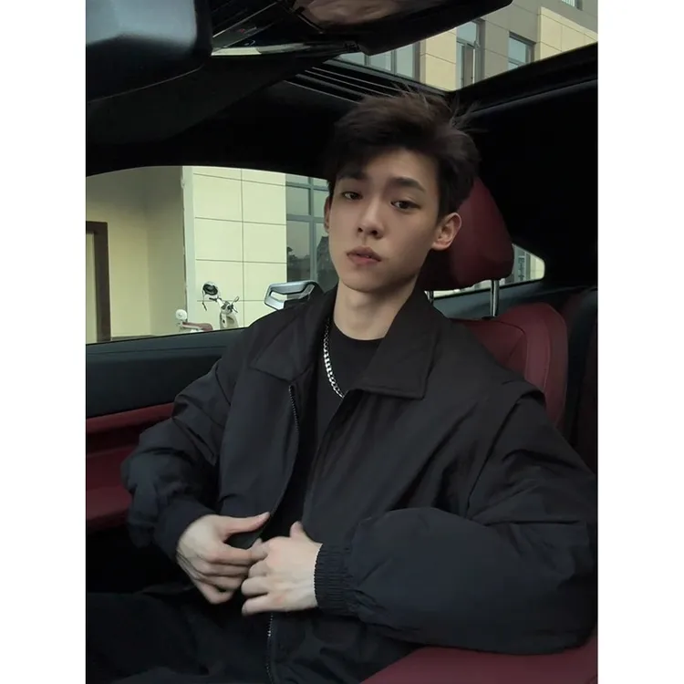 黑色飞行夹克棉服男款冬季加棉加厚翻领棉衣外套cleanfit穿搭上衣