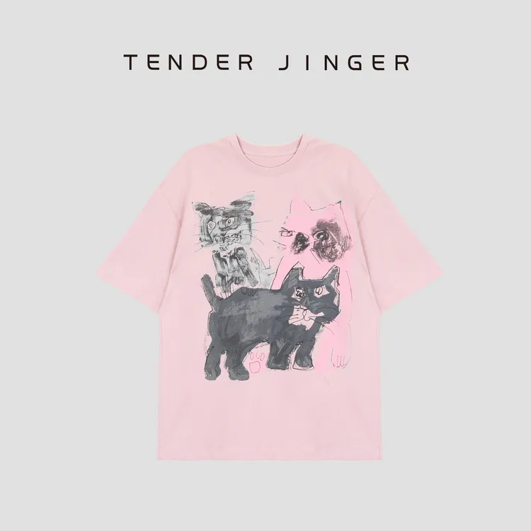 Tender Jinger时尚休闲猫咪印花粉色T恤T52HMD30423