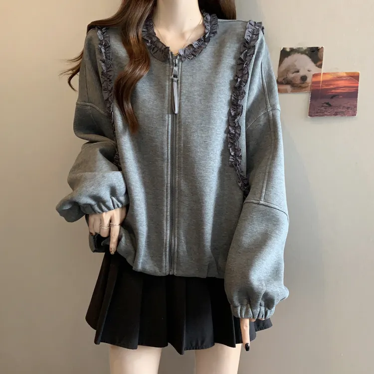 大码微胖mm木耳边长袖卫衣外套女秋季新款设计感宽松休闲夹克上衣