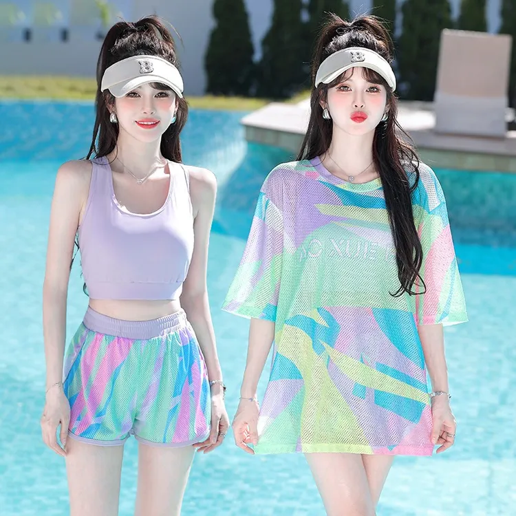 大码泳衣女三件套2025新款度假海边泡温泉遮肉显瘦保守分体游泳衣