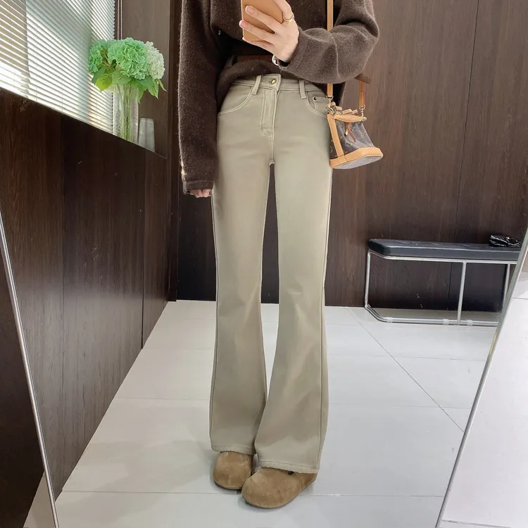 IMFLY金小金自制女装 加绒牛仔裤DYK2919气质百搭修身微喇牛仔裤