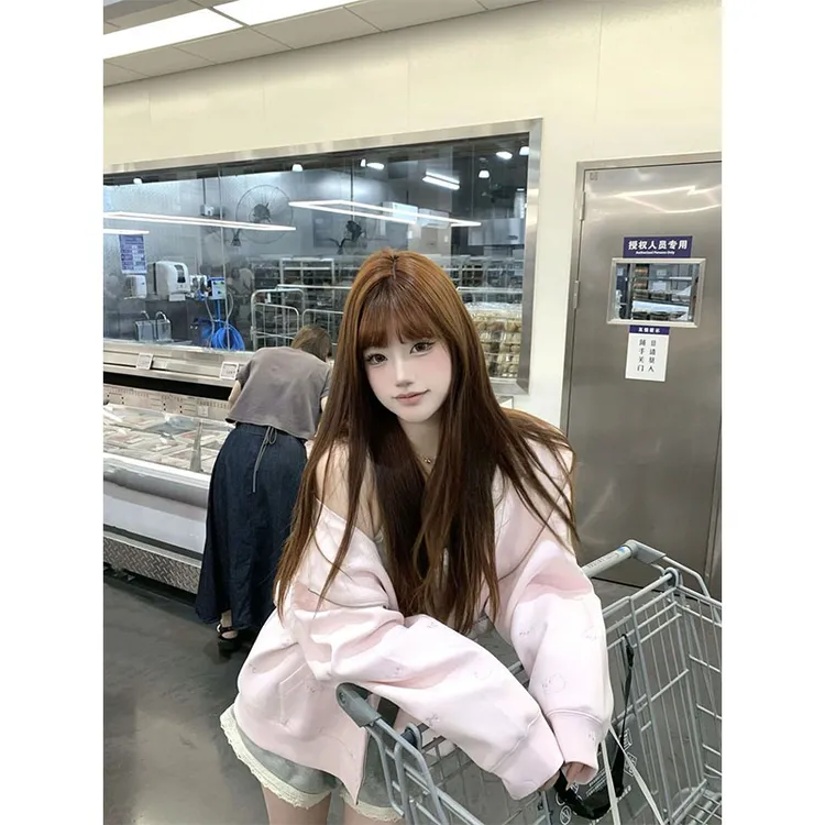 粉色kitty猫刺绣连帽卫衣女加绒加厚秋冬韩系慵懒风宽松外套上衣