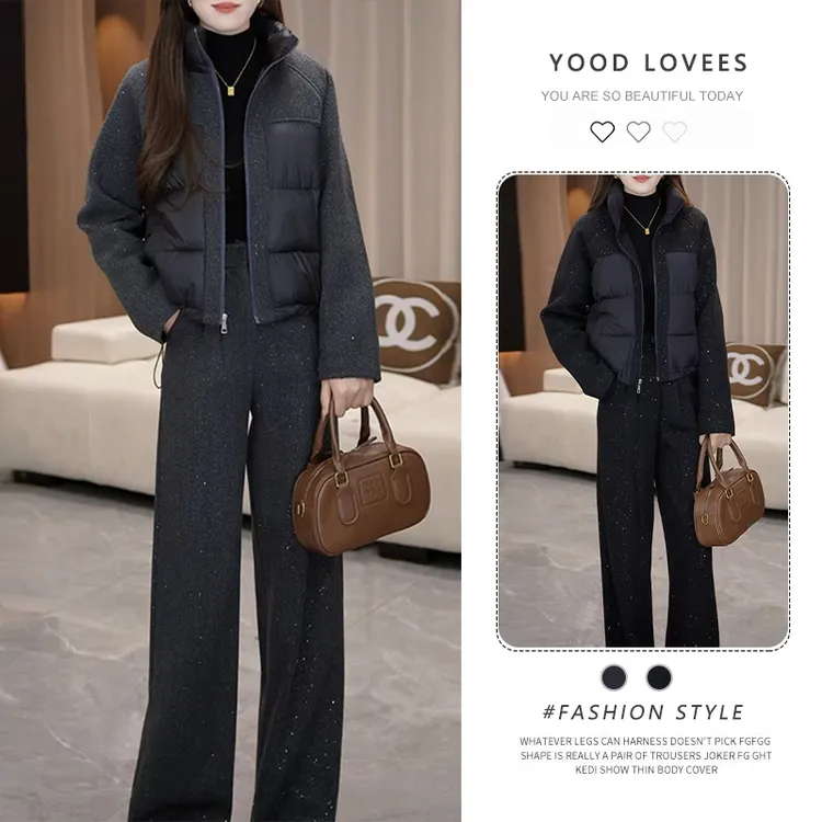 时尚套装女冬季新款加厚保暖毛呢拼接立领棉服外套阔腿裤两件套潮