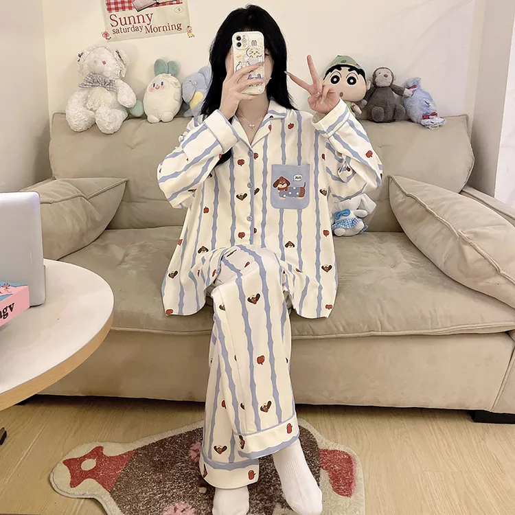 100%全棉睡衣女款爆款2025新款春秋季纯棉长袖长裤学生翻领家居服