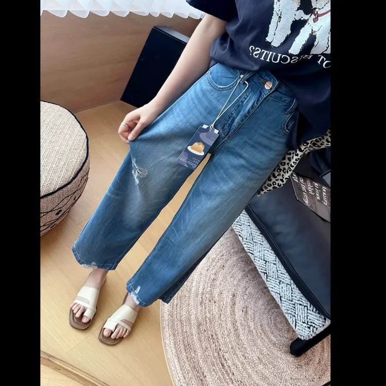 夏季薄款莱赛尔软阔腿裤女破洞凉感天丝显瘦九分小个子破洞直筒裤