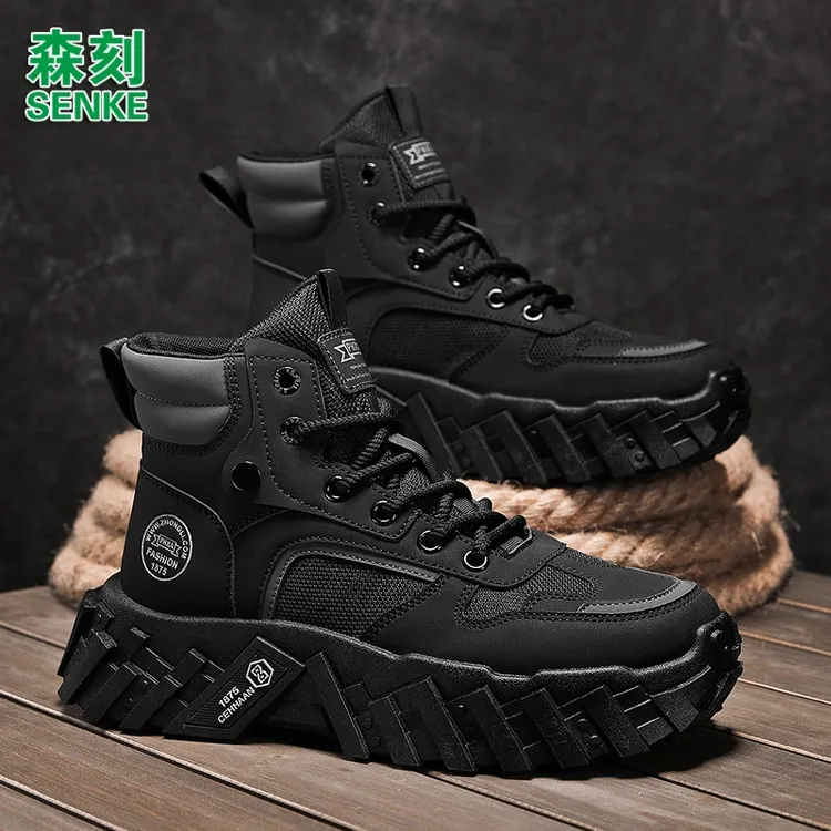 森刻男鞋2025秋季新款皮面厚底防滑工装靴户外登山运动休闲马丁靴