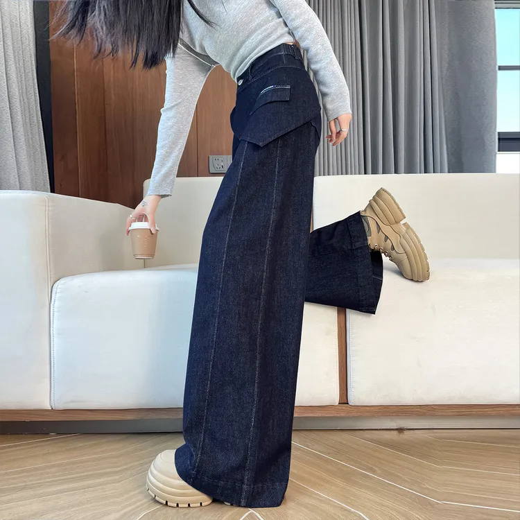 丹宁色复古阔腿牛仔裤春秋季2025新款高腰垂感显瘦屁帘窄版直筒裤
