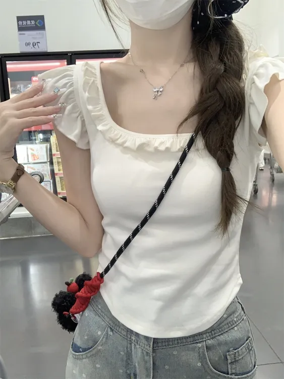 夏季新款女装方领木耳边减龄小飞袖蝴蝶结设计感短袖T恤衫上衣ins