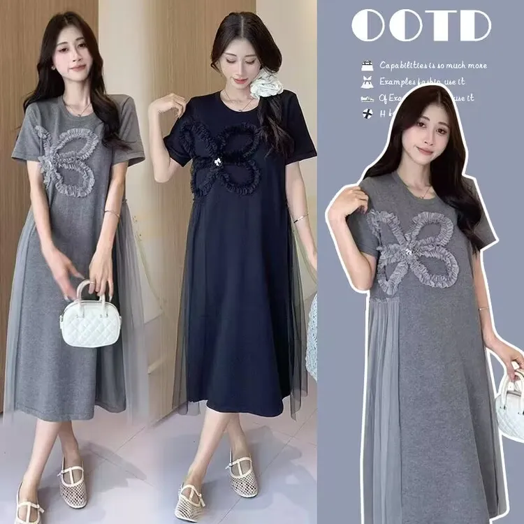 2025孕妇装夏装网红款长款拼接孕妇连衣裙大码时尚夏季中长款裙子