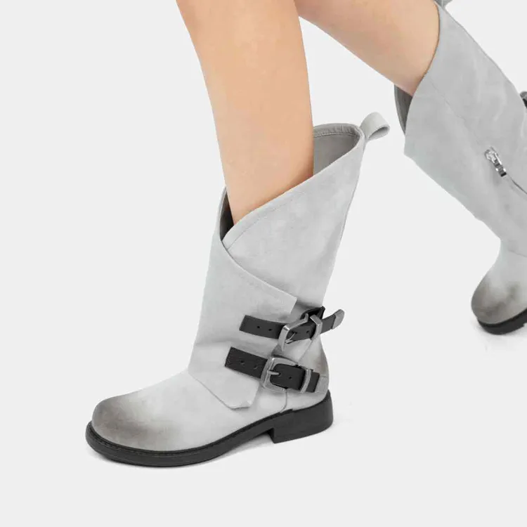 Cihi'Ahoilc' 做旧擦色 粗跟厚底褶皱复古长靴