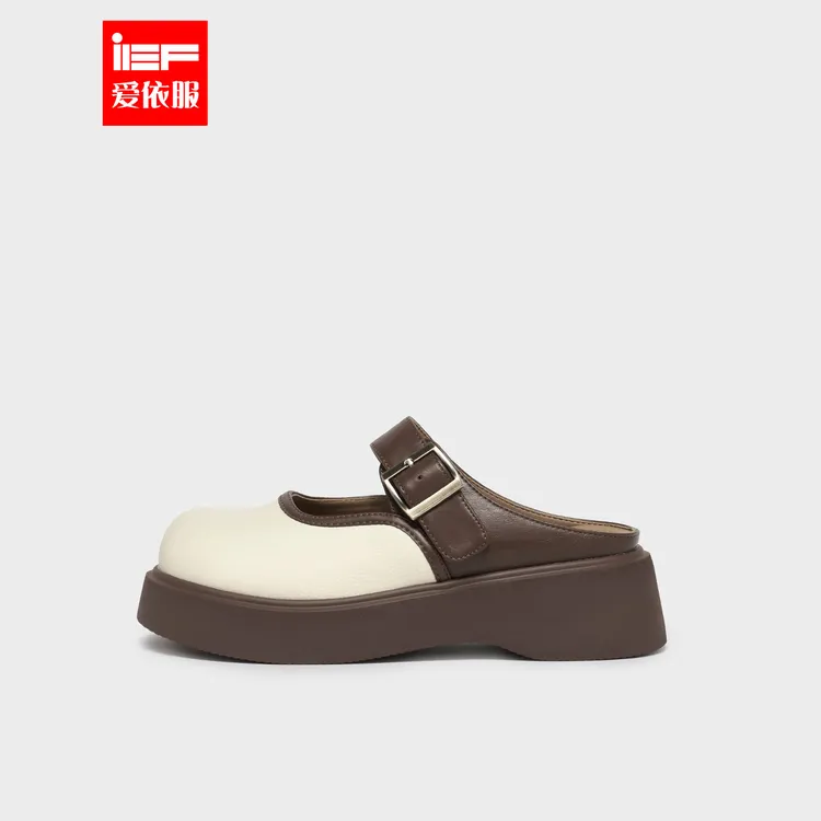 IEF/爱依服懒人拖2025夏季新款复古皮搭扣厚底增高半拖鞋流光风