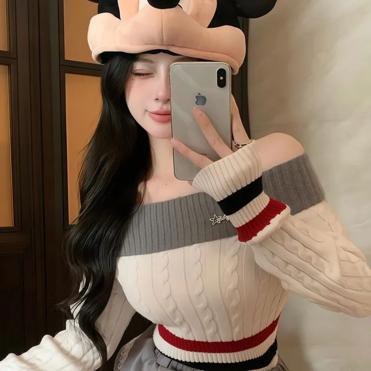 奶系穿搭小个子学院风纯欲毛衣洋气百搭一字肩秋冬长袖上衣针织衫