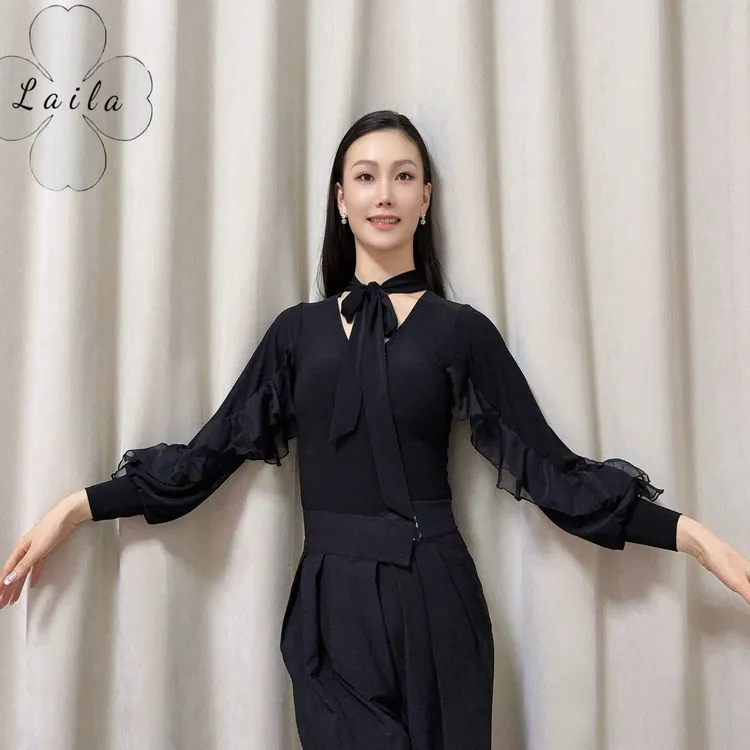 Laila摩登舞服新款上衣《南法少女》黑色泡袖秋冬弹力摩登练习服
