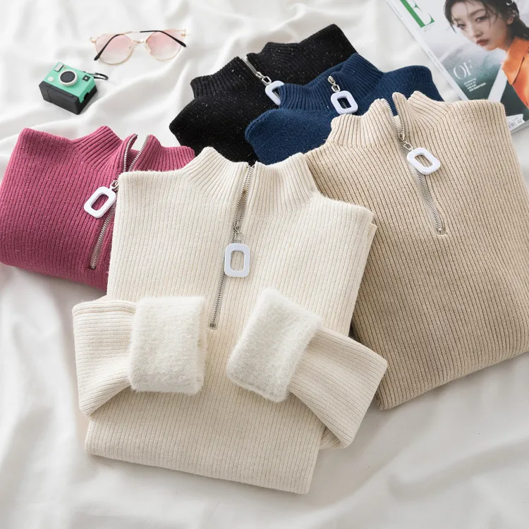 上衣半高领坑条安迪毛衣女2025秋冬新款女休闲半拉链保暖衫