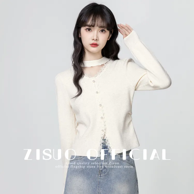 镂空挂脖v领针织衫女2025春秋新款蕾丝拼接设计感打底衫短款上衣