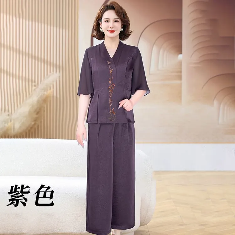 王小鸭2025夏季新款时尚国风套装中老年女装洋气遮肚显瘦两件套女
