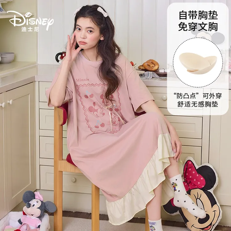 Disney迪士尼夏季新款短袖中长款睡裙纯棉透气带胸垫女家居服0299