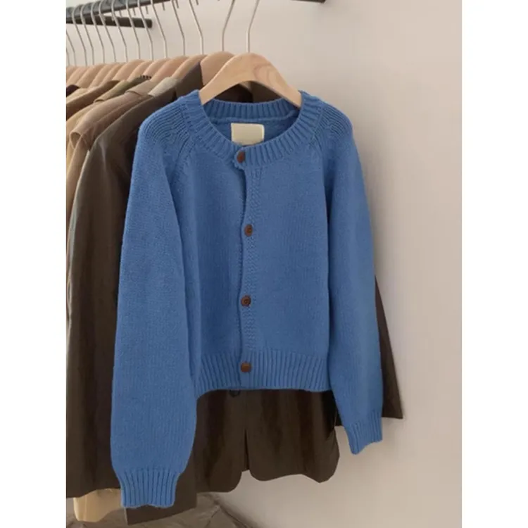 好穿到尖叫！欧货蓝色圆领针织开衫外套女秋冬季软糯慵懒外搭毛衣