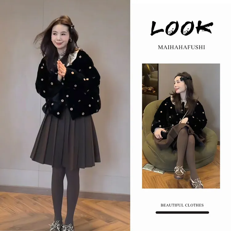 冬季一整套女装2025新款韩版洋气时尚棉服外套百褶半身裙两件套装