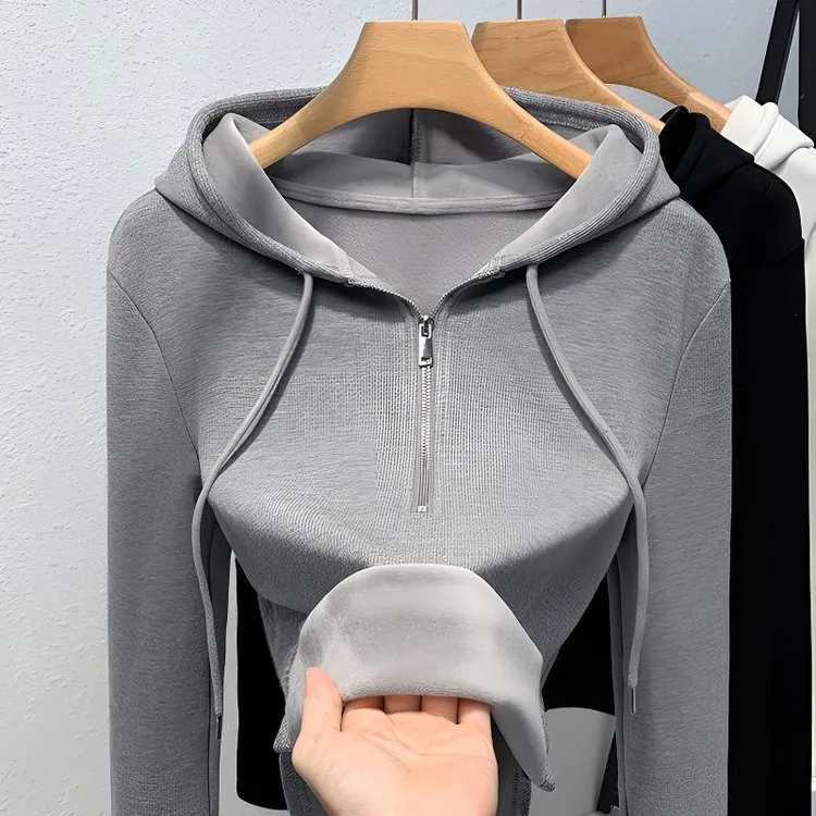 灰色连帽打底衫女春秋内搭短款上衣2025新款休闲半拉链加绒卫衣潮