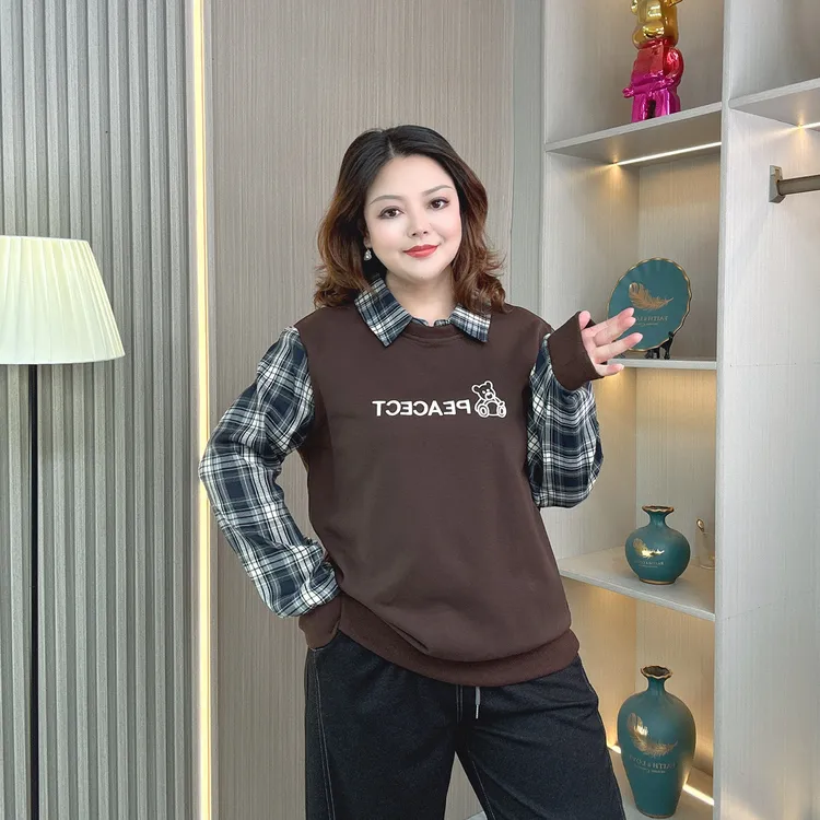 假两件绣花长袖卫衣女2025新款大码春秋季休闲宽松拼接打底衫上衣