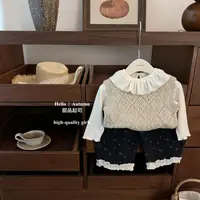 【甜品起司】森系美学！女宝宝原创镂空针织马甲碎花灯笼裤洋气套装