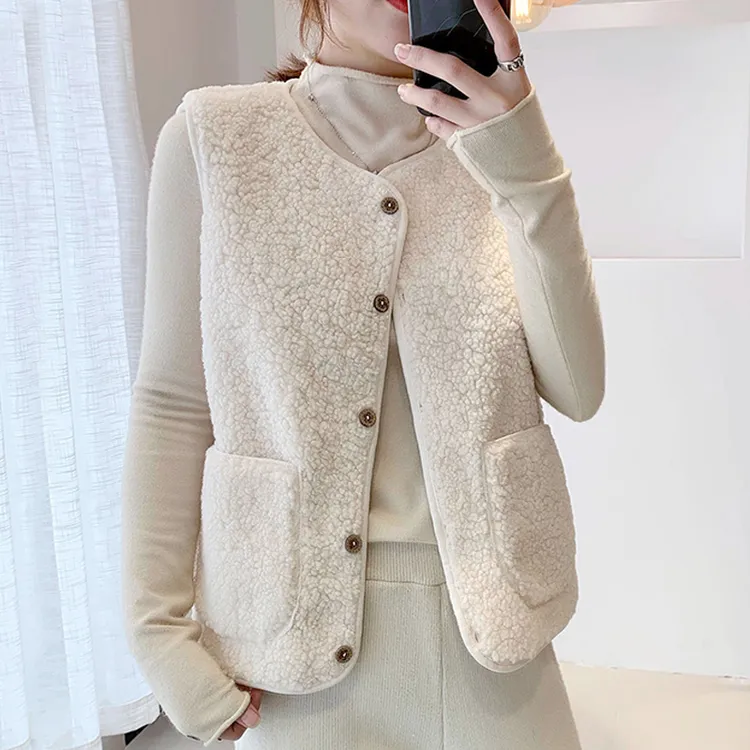 马甲女秋冬坎肩加厚保暖颗粒毛绒纽扣款毛毛马夹外穿内搭宽松背心