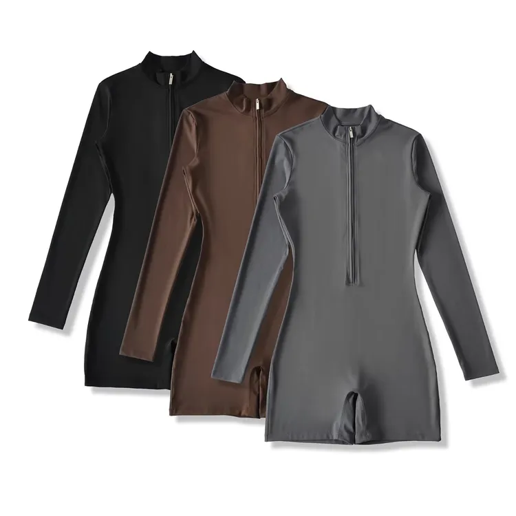 3512春秋新款拉链长袖瑜伽服连身裤女显瘦塑身连体衣运动连体短裤