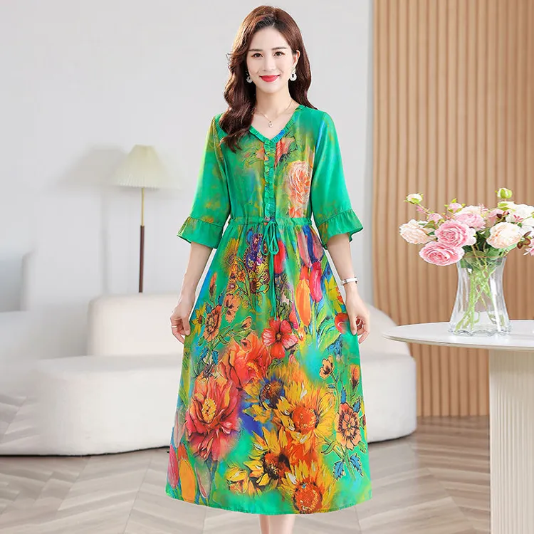 妈妈装夏季新款v领中袖时尚气质显瘦中长款休闲宽松连衣裙651