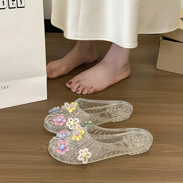 水晶鞋凉鞋女平底透明半拖外穿鞋花果冻鞋软底凉拖鞋包头外穿女鞋