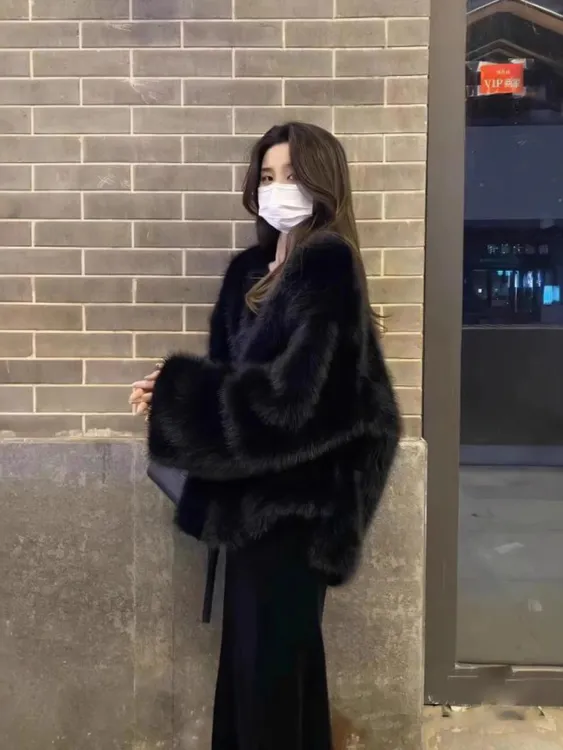 黑色仿狐狸毛毛绒环保皮草外套女高级感超好看毛茸茸洋气女装秋冬