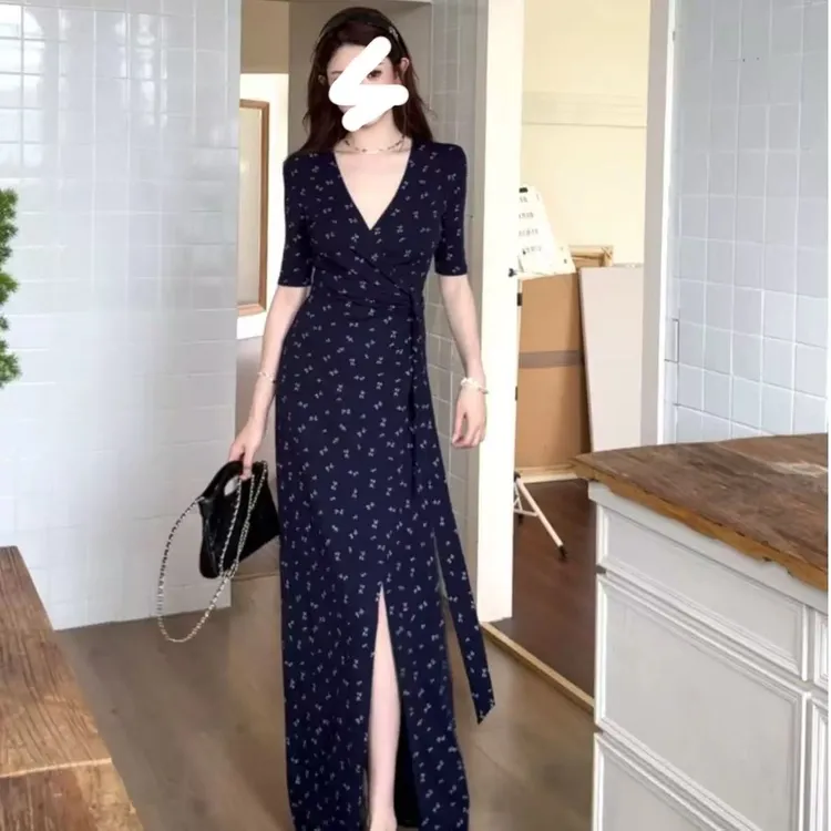 【现货】一片式短袖V领腰部绑带款显瘦遮肚子气质百搭韩系连衣长裙
