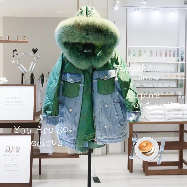 2890狐狸毛大毛领牛仔拼接欧版鹅绒服连帽羽绒服秋冬时尚保暖冬季