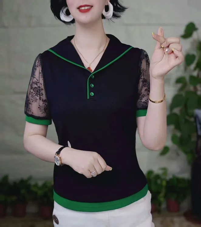 海军领短袖纯色休闲风纽扣T恤拼接修身夏季百搭宽松显瘦时尚上衣