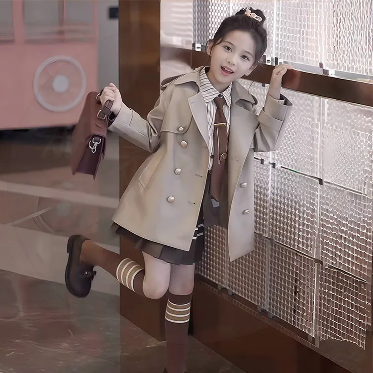 女童翻领英伦风中长款春秋外套高级纯色中大童学院风女孩风衣
