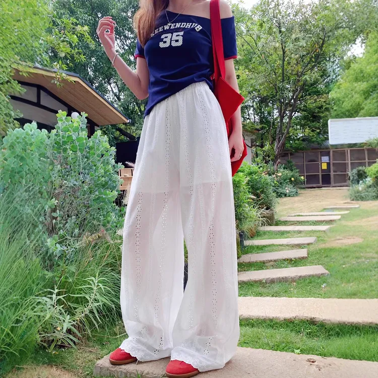 镂空提花阔腿裤女夏设计感韩系显瘦时尚百搭薄款高腰宽松休闲长裤
