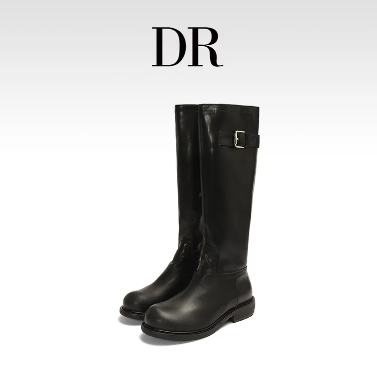 【DR专柜正品】长筒不过膝靴秋冬新款时装靴复古百搭圆头粗跟骑士靴