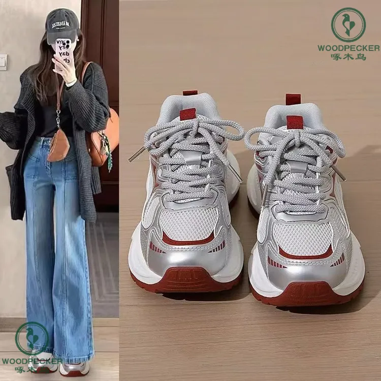啄木鸟大码41-4老爹鞋女2025新款ins百搭小白鞋厚底增高运动鞋