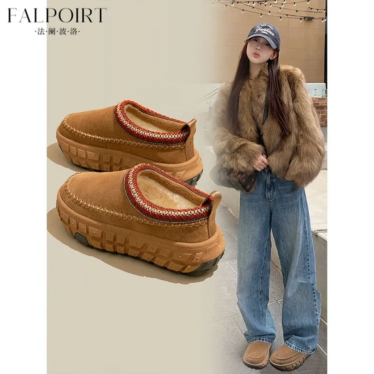FALPOIRT民族风包头半拖勃肯鞋女加绒外穿轮胎厚底雪地靴冬季百搭