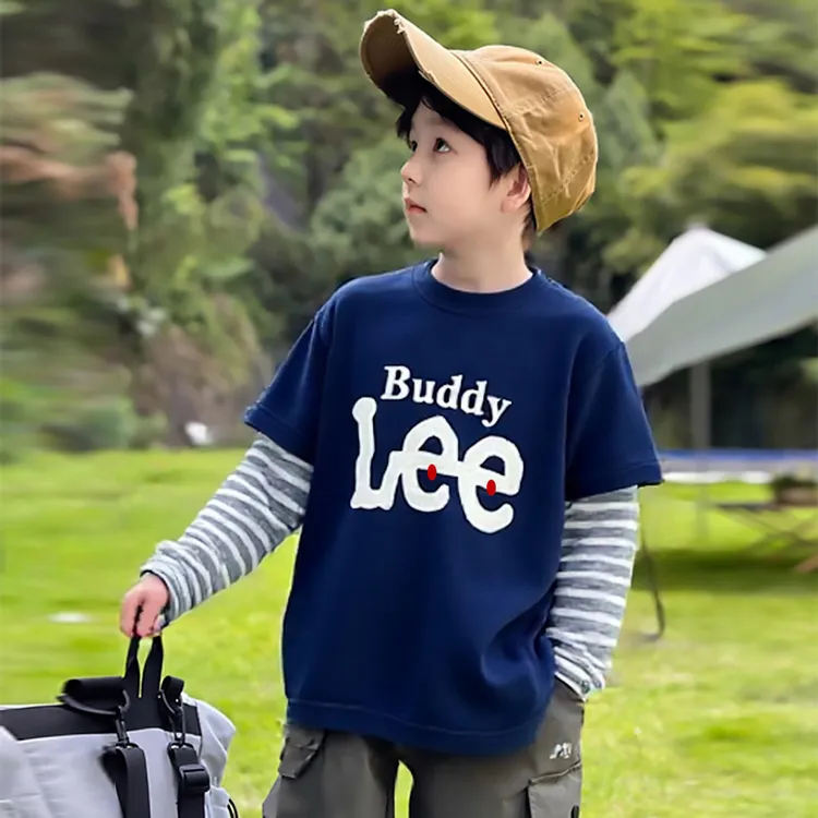 儿童潮牌打底衫2025春秋款男童条纹上衣字母宝宝假两件T恤女洋气