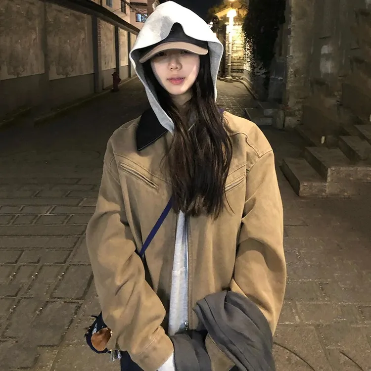 春季美式复古拼接外套2025新款高级美式复古拼接毛呢夹克