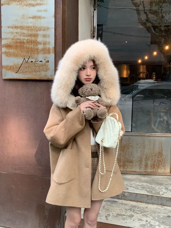 新款AB面狐狸毛领大衣连帽冬季新款双面尼外套女休闲显瘦韩版