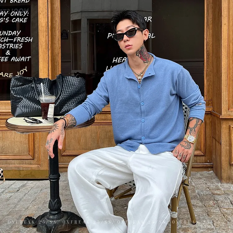 OXFREAK「卷边领 天丝混纺」老钱风排扣开衫毛衣男秋冬保暖针织衫