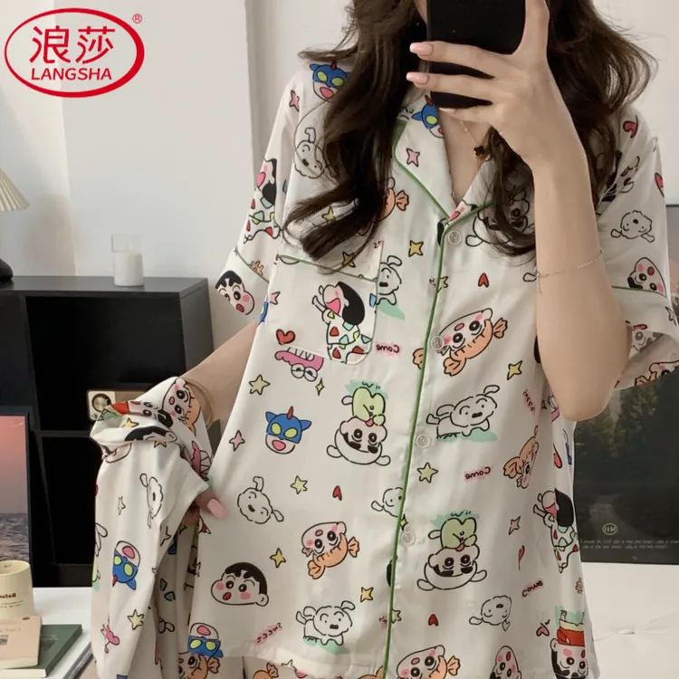 浪莎2025新款冰雪丝三件套短袖睡衣夏季薄款卡通翻领家居服套装睡
